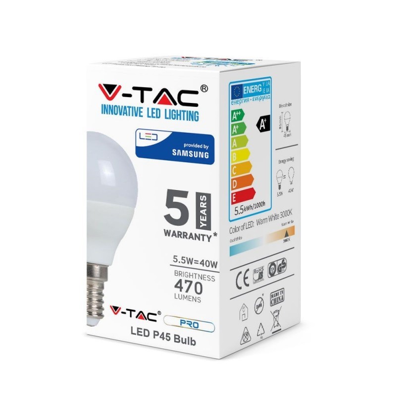 Lampada Led V-tac M/sfera E14 5.5w 6000k Samsung  Sku-170