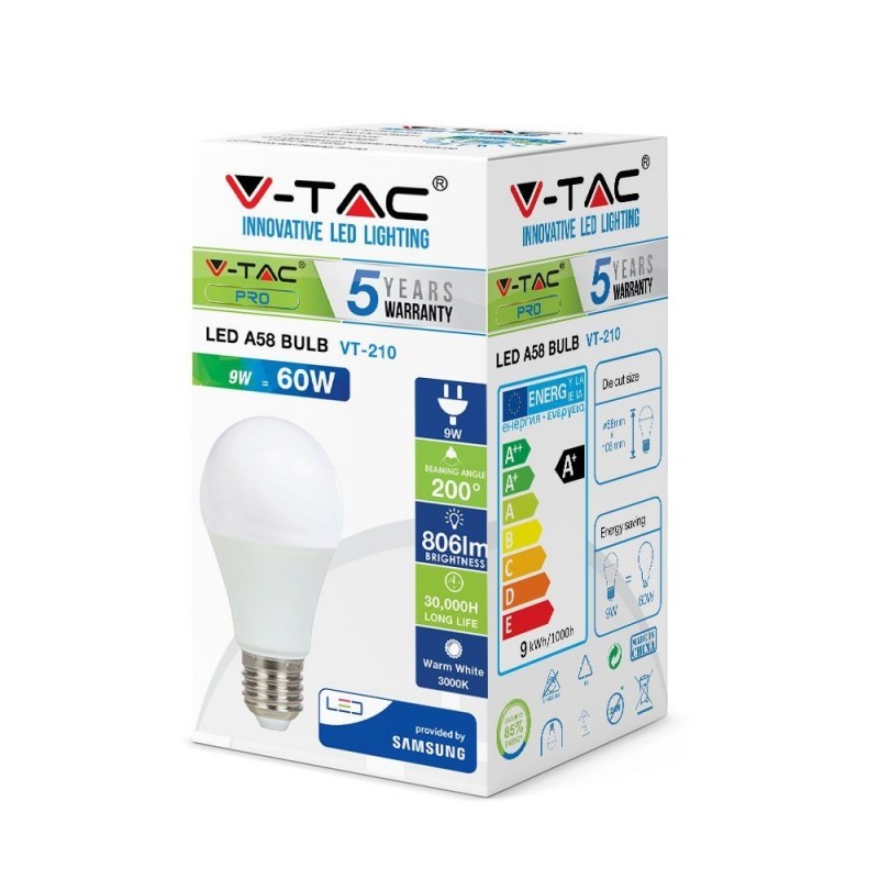 Lampada Led V-tac Goccia E27 9w 3000k  Samsung Goccia Sku-228