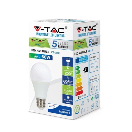 Lampada Led V-tac Goccia E27 9w 3000k  Samsung Goccia Sku-228