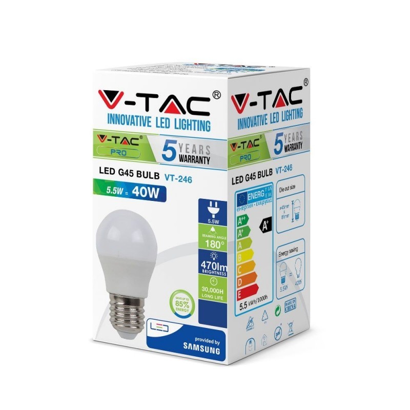 Lampada Led V-tac M/sfera E27 5.5w 6000k  Samsung Sku-176