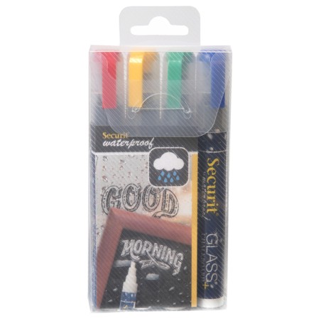 Blister 4 Marcatori A Gesso Liquido Waterproof 4 Colori 2-6mm Securit