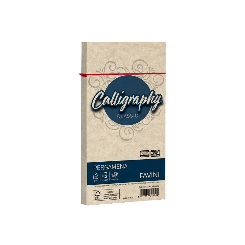 25 Buste Calligraphy Pergamena 110x220mm 90gr Sabbia Favini